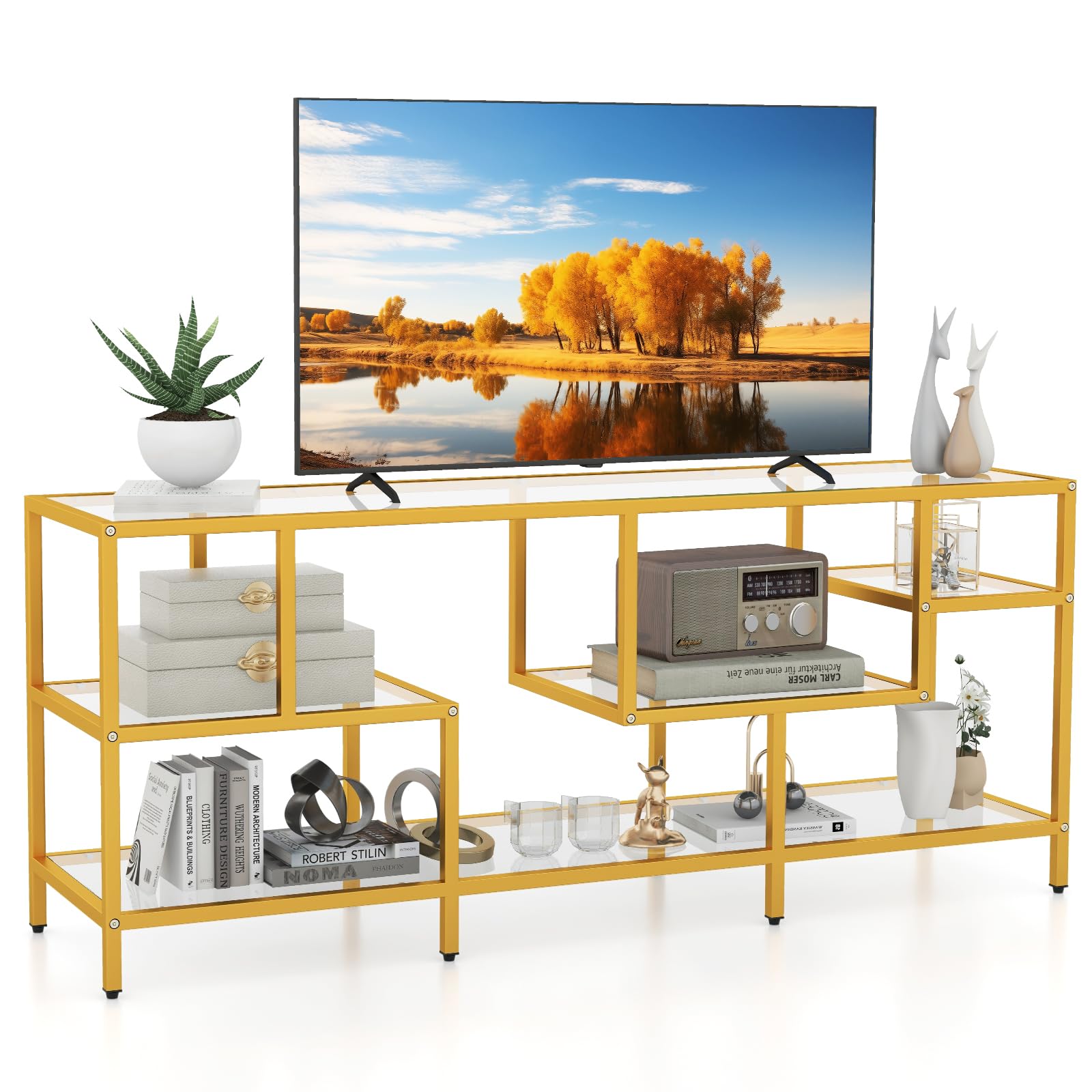 Meuble TV doré Tangkula pour téléviseurs jusqu'à 65 pouces, console TV de 58 pouces avec étagères en verre trempé et cadre en métal doré